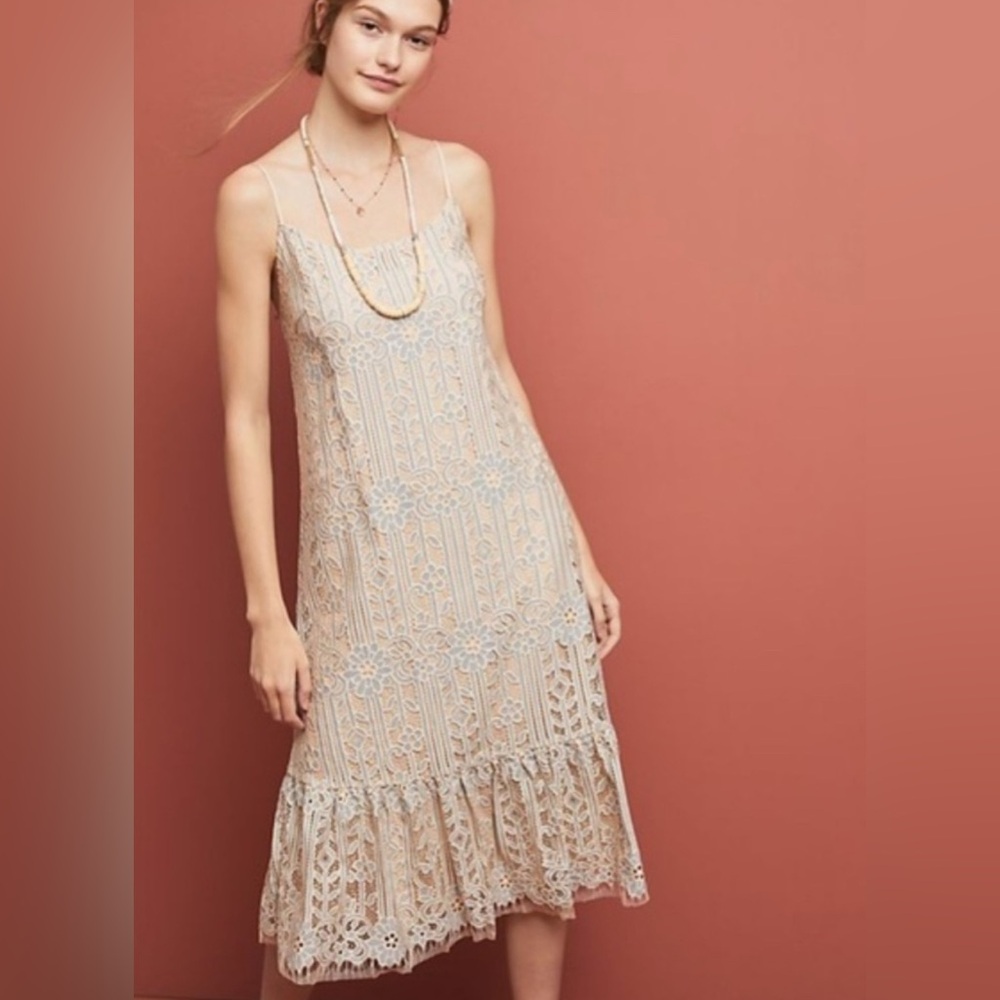 Anthropologie Eri & Ali Size M Lace Midi Dress Nude Neutral - EUC